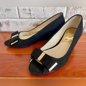 MICHAEL Michael Kors Black Suede Peep-Toe Wedges with Gold Trim Bow